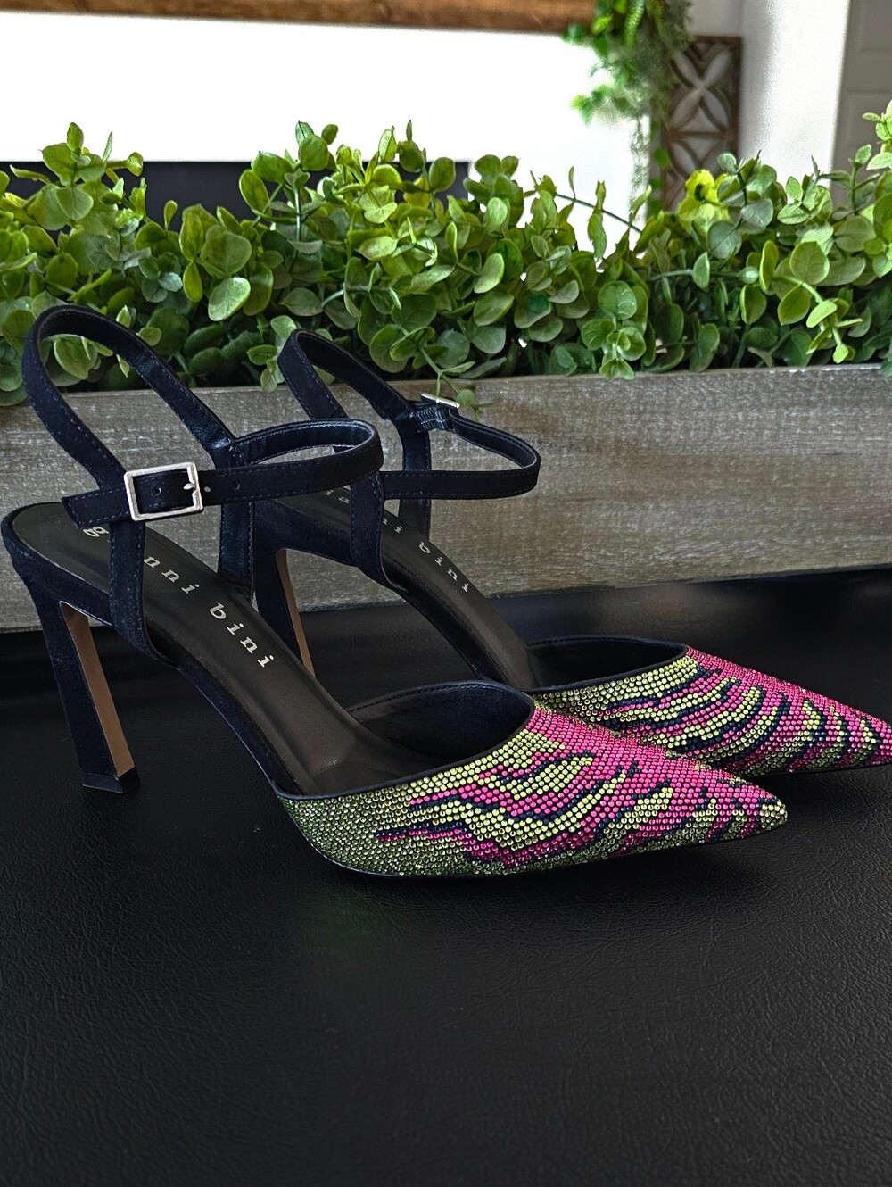 Gianni Bini Black Ankle-Strap Pointed Heels Shoes Pink Neon Green Women's Sz 7M